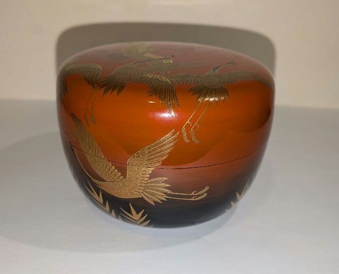 『和歌浦蒔絵』平棗　清水庄三 鶴模様 茶道具 永田宗伴書付的々斉　朱塗り内銀溜塗