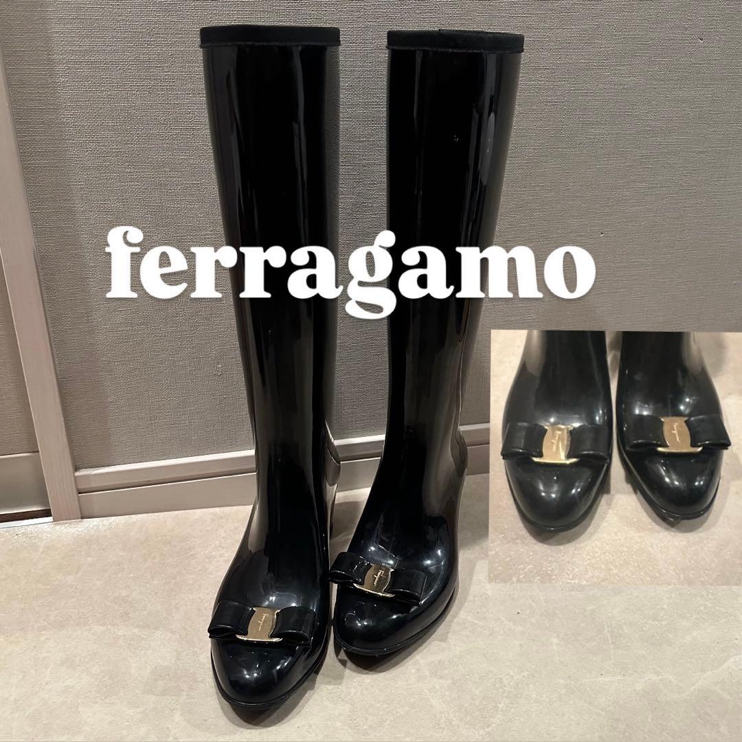 【Ferragamo】フェラガモ ヴァラリボン レインブーツ長靴ブラック雨具6M