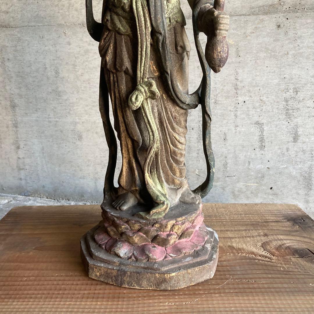 古い仏像 観音菩薩 立像 木製 木彫り 彫刻 置物 古美術 骨董品 レトロ