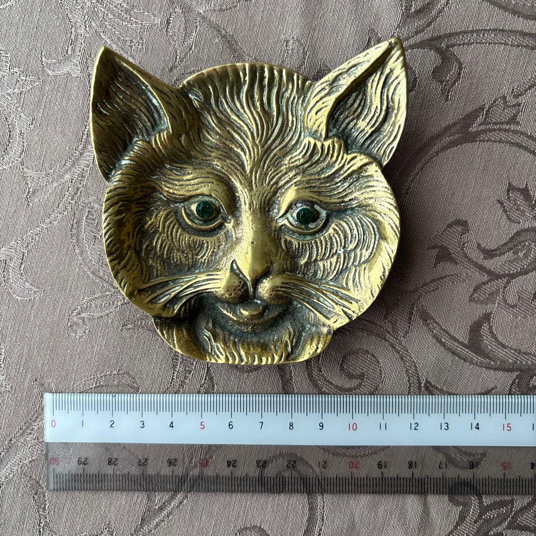レア! ブロカント 緑の眼の猫のトレイブラス真鍮ビンテージアンティークガラスの瞳