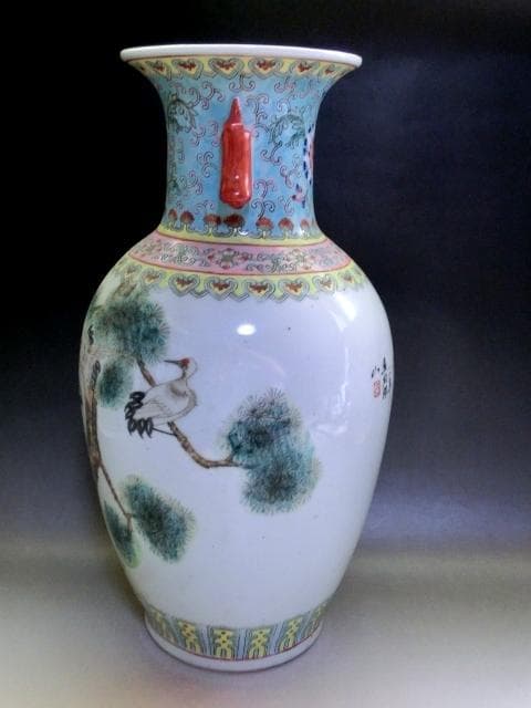 壷■鶴松竹梅耳付き大瓶 大清乾隆年製 伴富貴住田沸堂春 花瓶 花唐草紋 骨董品■