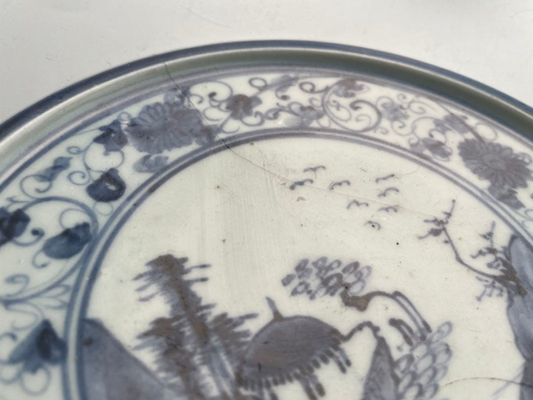 骨董　アンティーク　初期伊万里　花唐草山水文　七寸皿　丸皿　中皿　古伊万里　染付