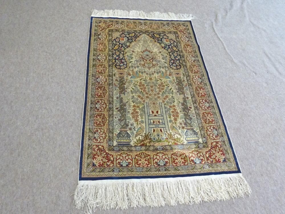 トルコ　ヘレケ　シルク　ペルシャ絨毯　工房サイン　アクセントラグ　美品