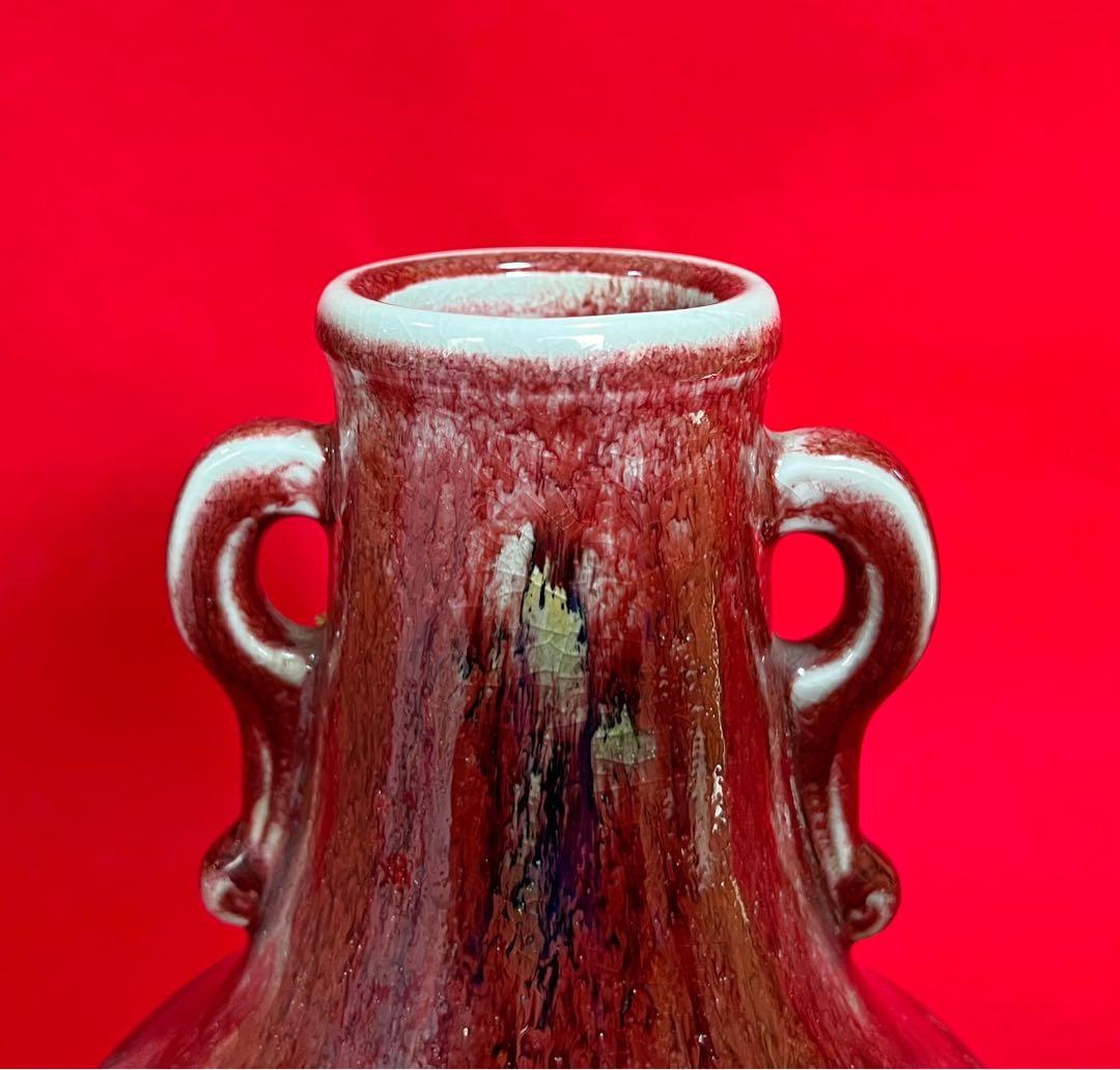 中国美術 古玩 红釉雙耳花瓶 花器 置物　コレクション