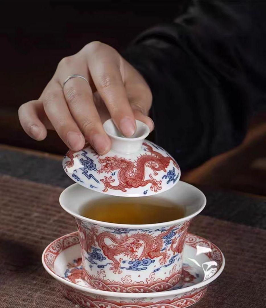 中国茶器 景徳鎮 九龍馬蹄三才蓋碗 茶杯 新品未使用