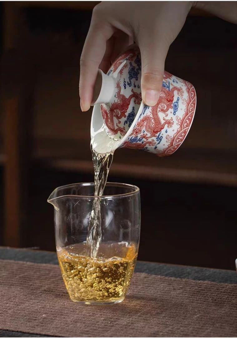 中国茶器 景徳鎮 九龍馬蹄三才蓋碗 茶杯 新品未使用