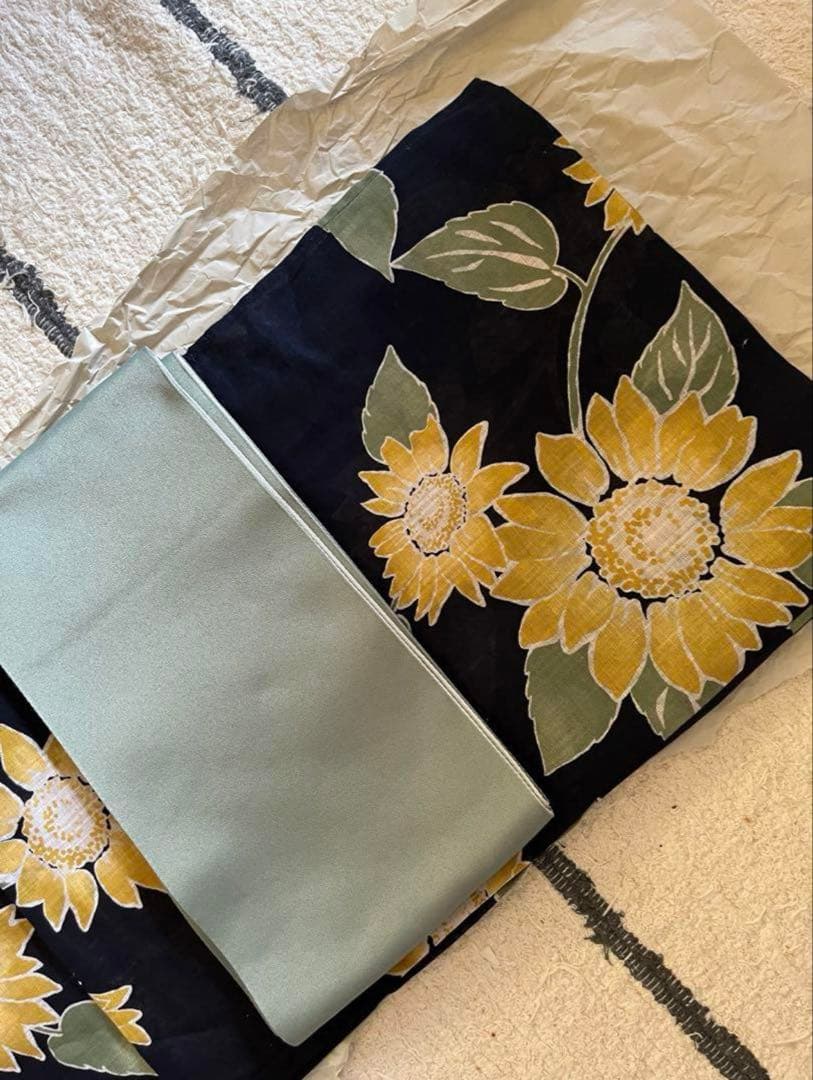 ひまわり 向日葵 浴衣 黒地 帯 セット 大人女性 未使用品