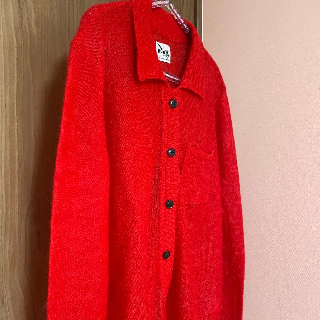 美品【HOWIE】ポロニットカーディガン レッド モヘヤ混 フリー