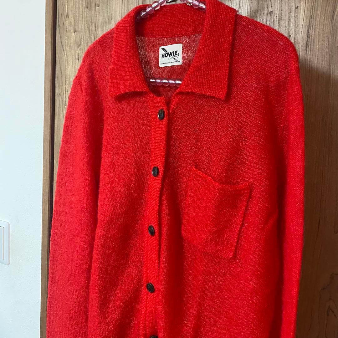 美品【HOWIE】ポロニットカーディガン レッド モヘヤ混 フリー