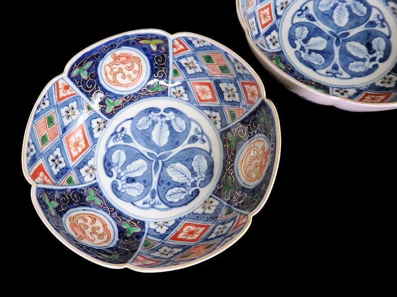 大聖寺伊万里　団龍紋に金唐草　中陰菱に花菱紋の図　膾皿　２客F334AS-CYa