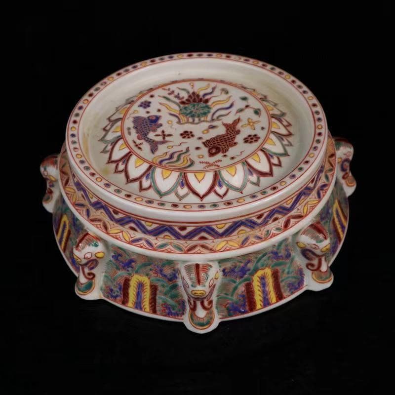 中国古美術✦大明宣徳紋 五彩 魚藻紋 筆洗✦置物・書道品・文房具・陶芸・観賞皿