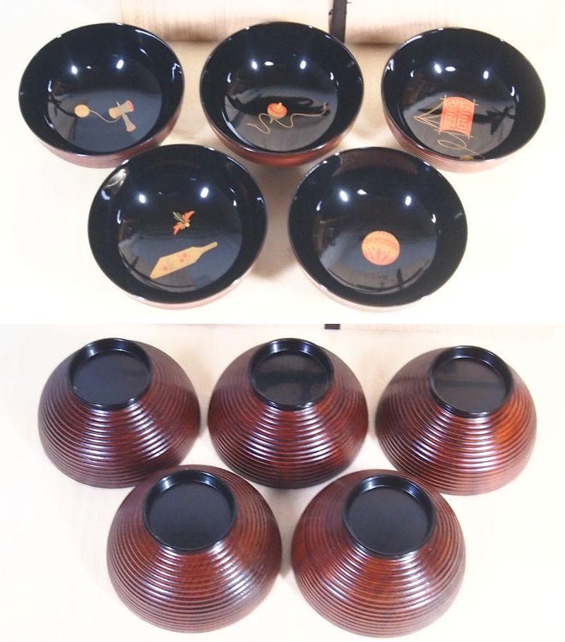 【未使用】輪島塗 童蒔絵 煮物椀 5客 千筋木地呂塗 雑煮椀/大椀 信斎/松斎