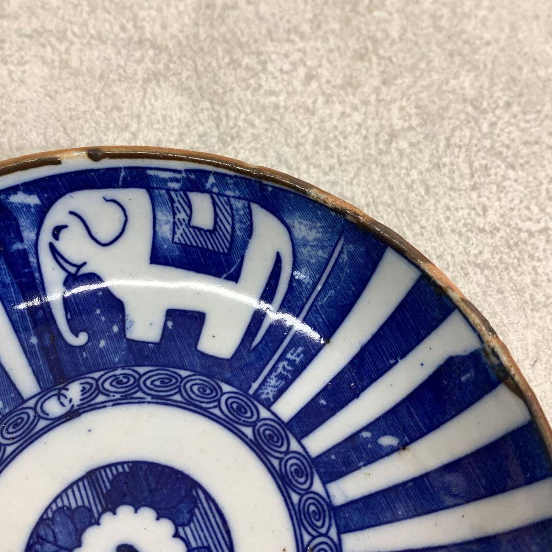 小皿 山仁製 サーカス象 図変わり印判 エラー 明治大正 レトロ 青 A