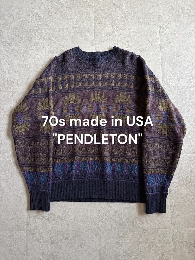 70s USA製 PENDLETON ウールニット ネイビー 総柄 美品