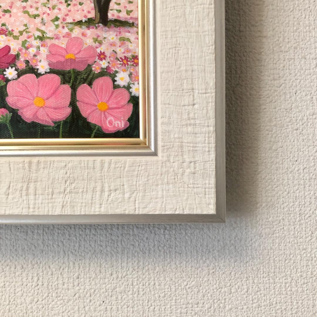 アクリル画　原画　「コスモスのフィールド05」額縁付　F4サイズ　キャンバス