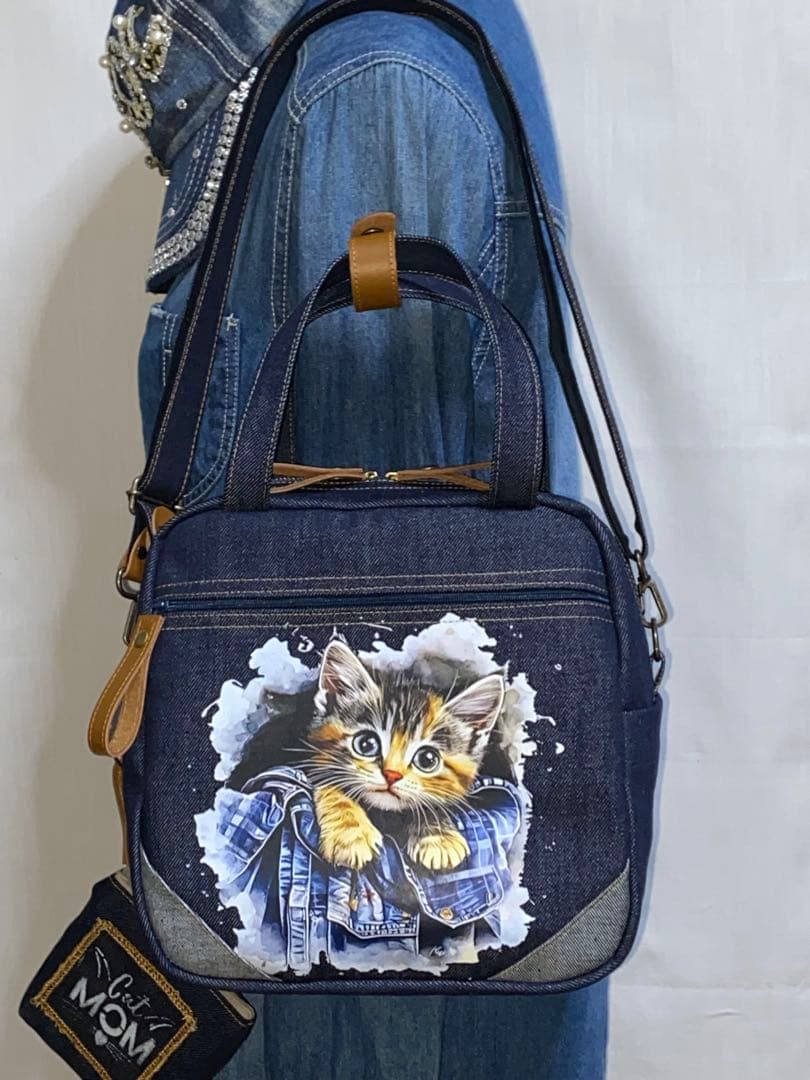 男女兼用☆岡山デニム♪ステンシル☆トラネコ☆Sサイズ☆3wayボストンバッグ