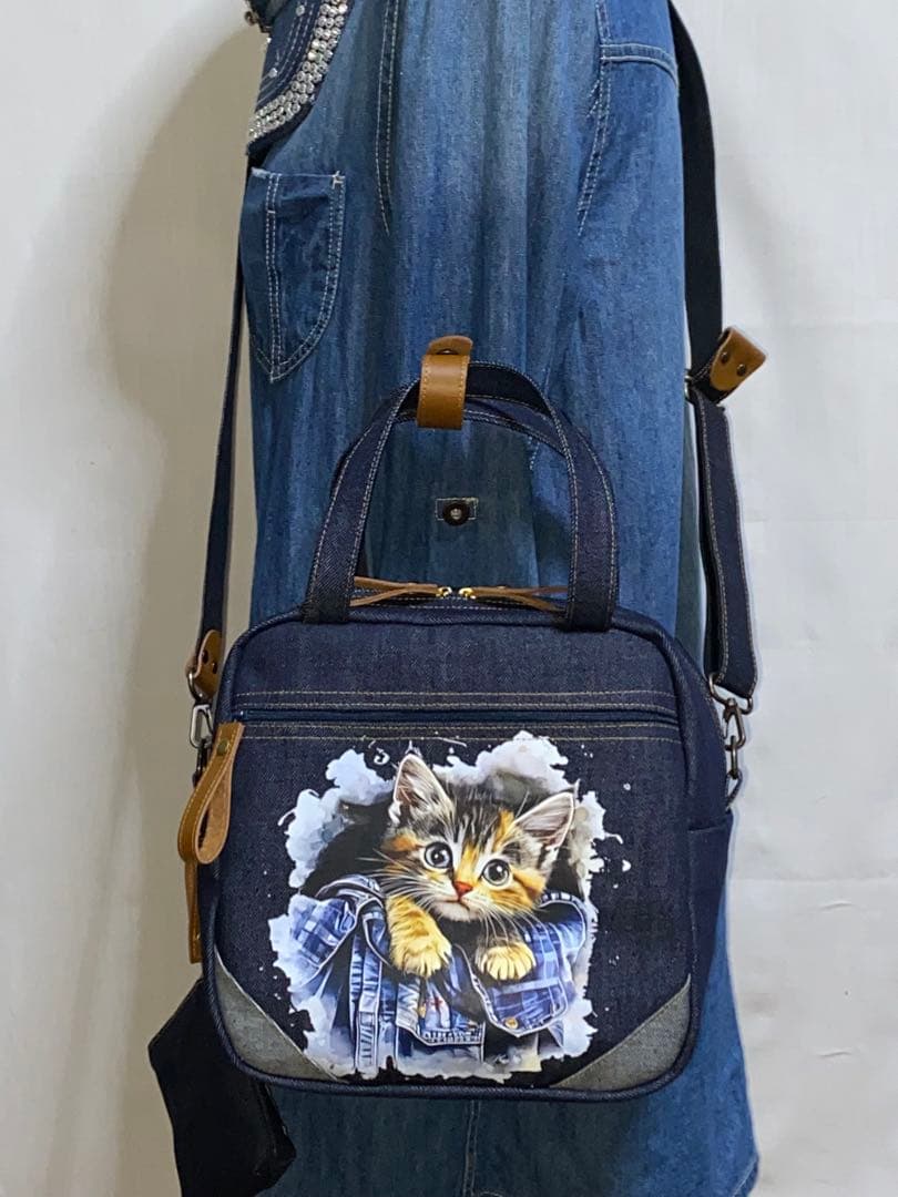 男女兼用☆岡山デニム♪ステンシル☆トラネコ☆Sサイズ☆3wayボストンバッグ