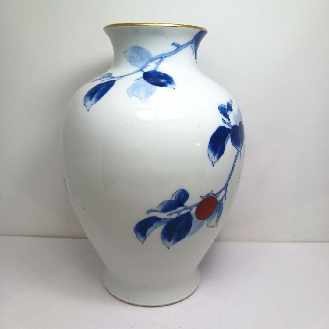 Y3122-8 深川製 染付色絵 柿図 花瓶 高さ28㎝　　ten