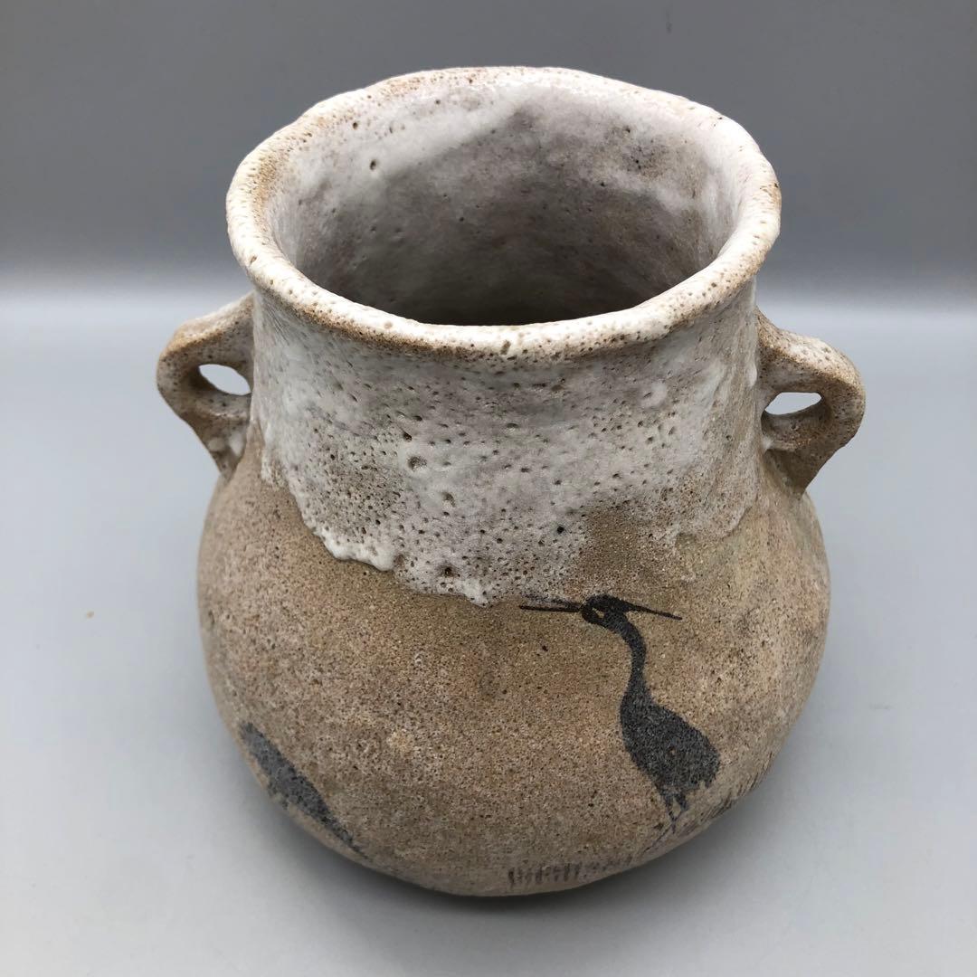 木箱入り未使用鳥鷺さぎ絵耳付き双耳陶釜陶器花器ツボ壺型花瓶花生け華道具骨董品