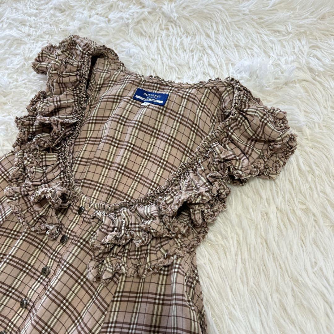 バーバリーブルーレーベル ノバチェック フリルチュニックワンピース 36 ピンク