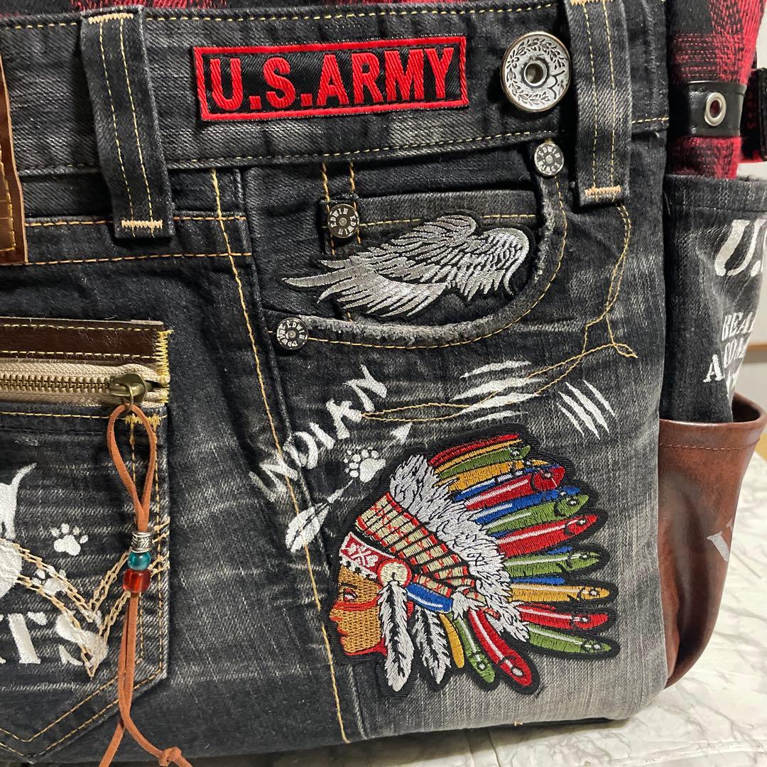No.538 デニムリメイクバッグ　肩掛けトートバッグ　キャットインディアン