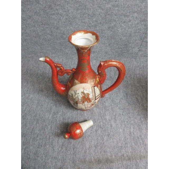 赤絵九谷金彩花鳥人物図龍持手水注 [B27943]