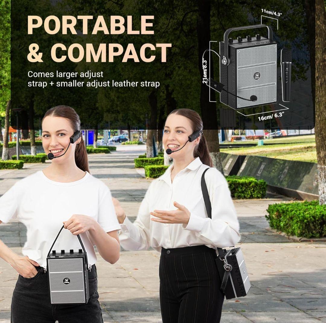 ハンドヘルドマイク ポータブル拡声器 2つのマイク 音楽再生 ヘッドセットマイク