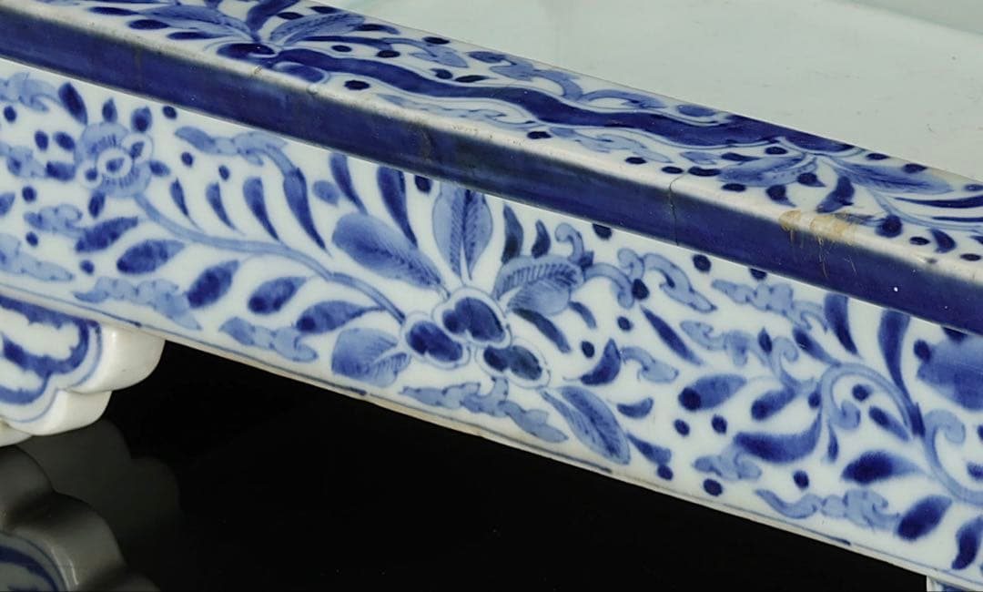 古伊万里 染付花唐草文 雲足 四方水盤 幅31㎝ 盆栽鉢 水石鉢 古美術 骨董品