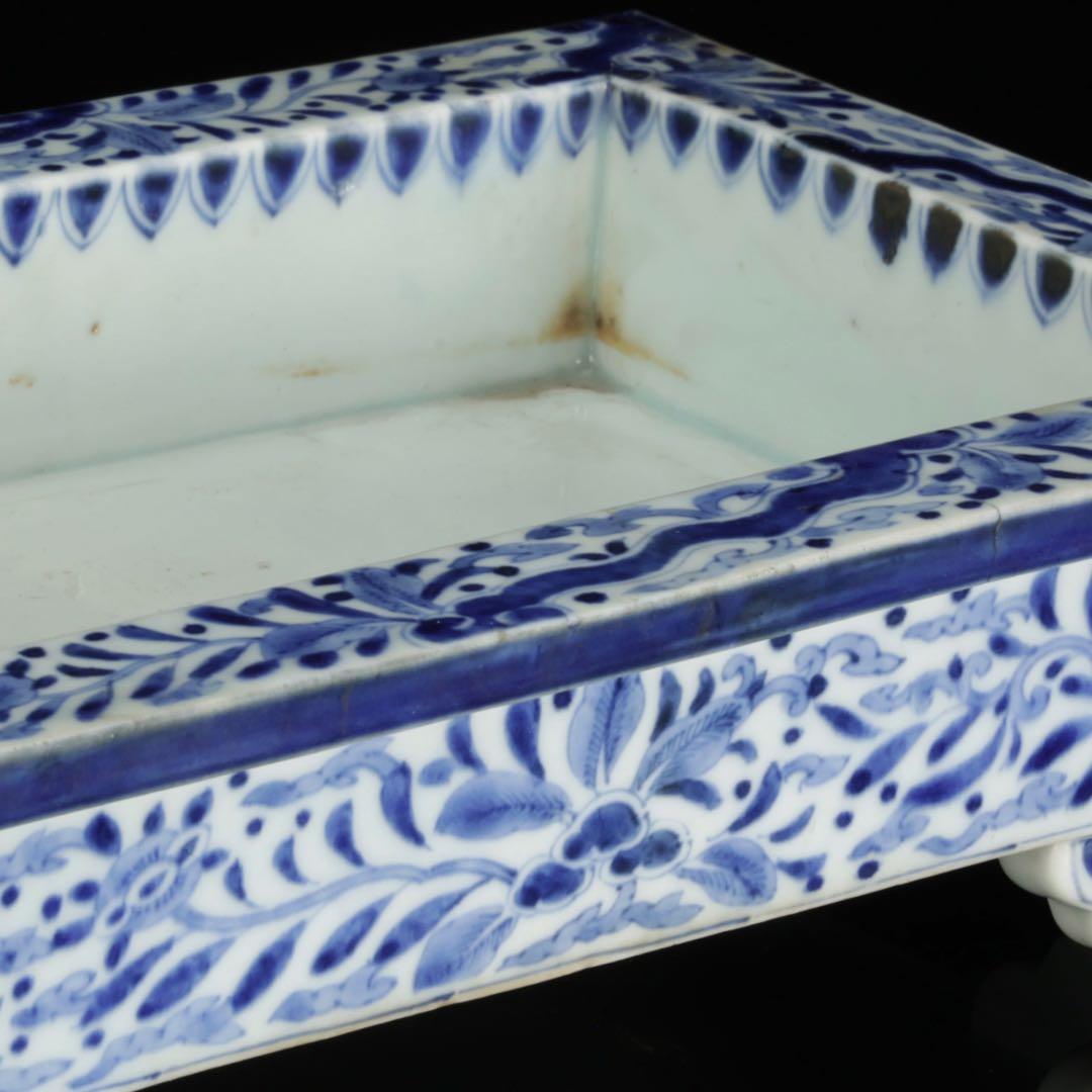 古伊万里 染付花唐草文 雲足 四方水盤 幅31㎝ 盆栽鉢 水石鉢 古美術 骨董品