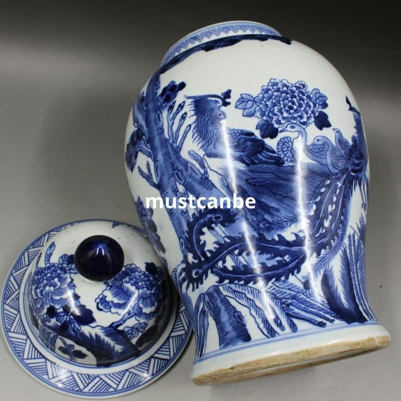 清康煕青花鳳凰牡丹将軍缶 景徳鎮 陶磁器 装飾品 現代工芸品 美術品 置物