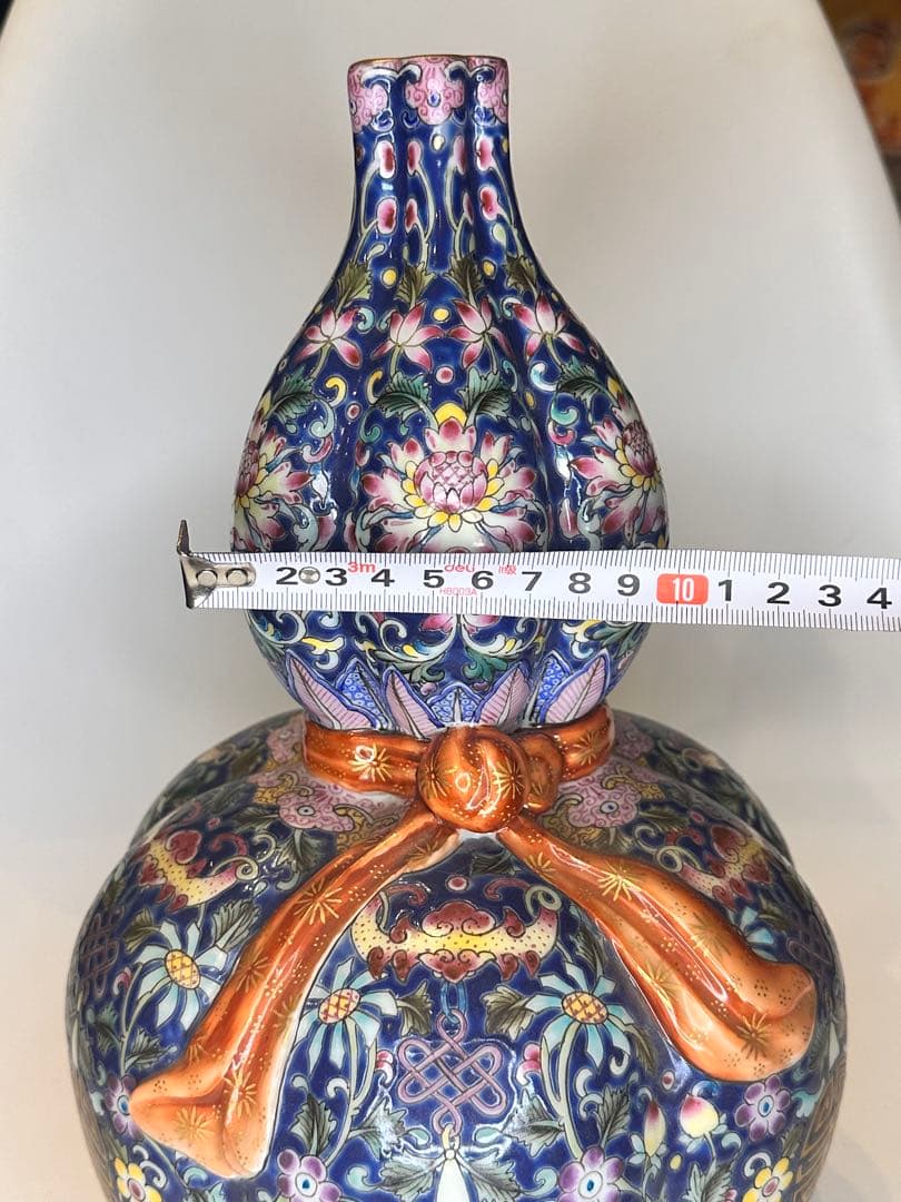 中国清代 乾隆年製款 藍釉金彩 葫蘆形賞瓶（荷花・寿字吉祥紋）中国古陶磁骨董品