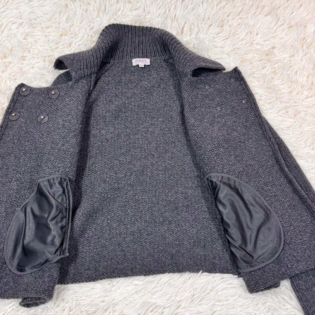 美品　FOXEY　ニットカーディガン　カシミヤ　シルク　水牛釦　グレー　38