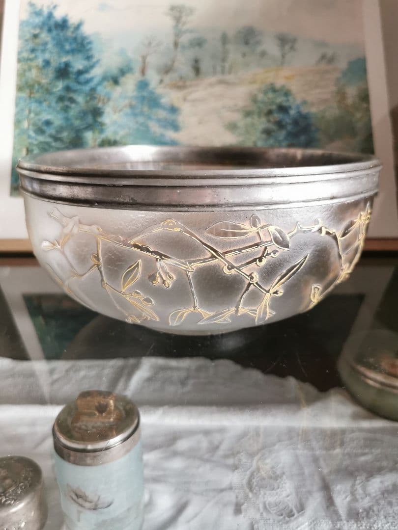 アンティーク サグリエ ドーム アシッド＆透明ガラス 宿り木 蒲公英 銀縁大深鉢