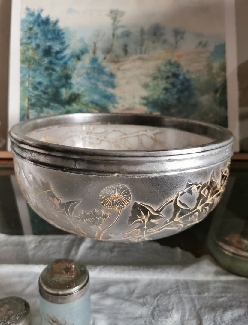 アンティーク サグリエ ドーム アシッド＆透明ガラス 宿り木 蒲公英 銀縁大深鉢