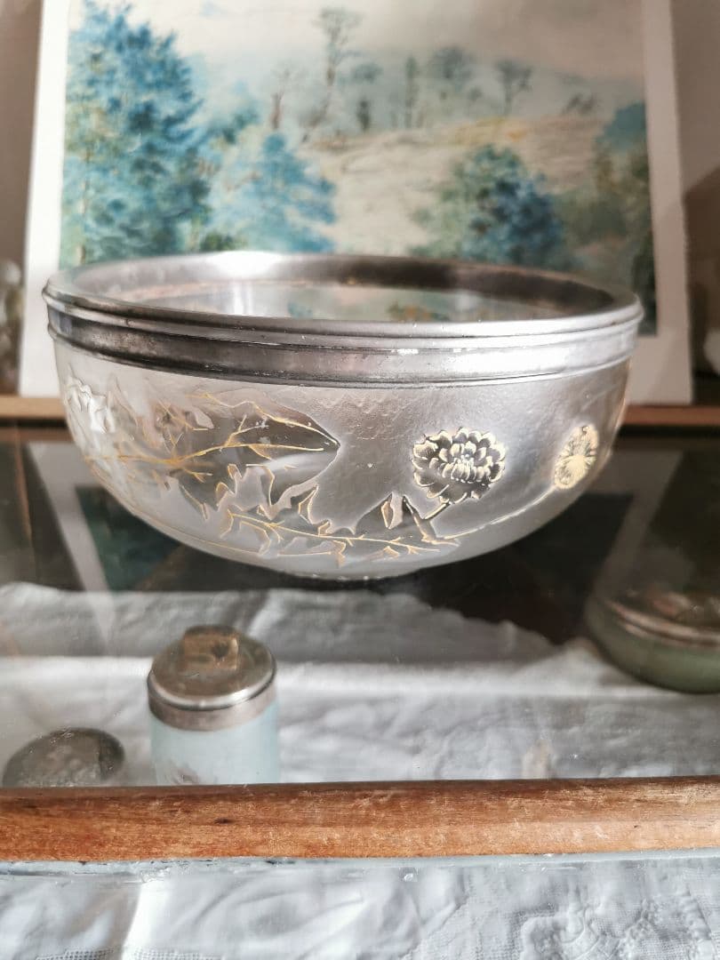 アンティーク サグリエ ドーム アシッド＆透明ガラス 宿り木 蒲公英 銀縁大深鉢