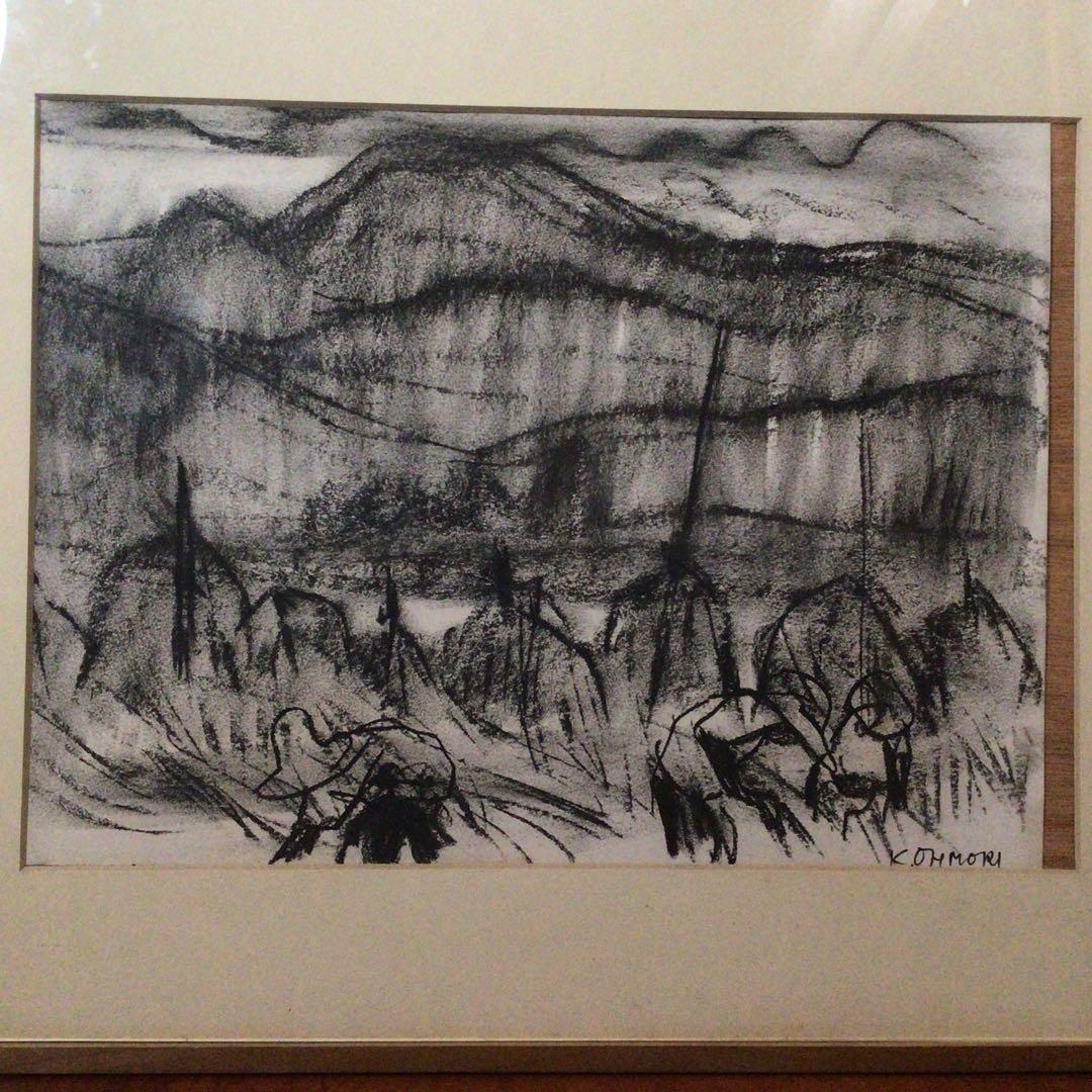 No2756 額装　大森運夫　「田植え」　共箱　創画会　日本画　古美術　送料無料