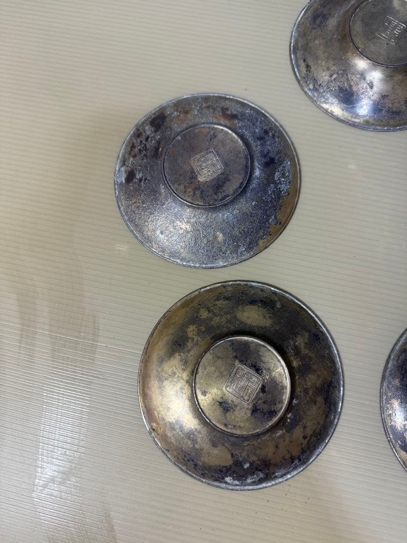 2257  時代　茶托　5客　龍文鳳凰　古銅　茶道具　金属工芸