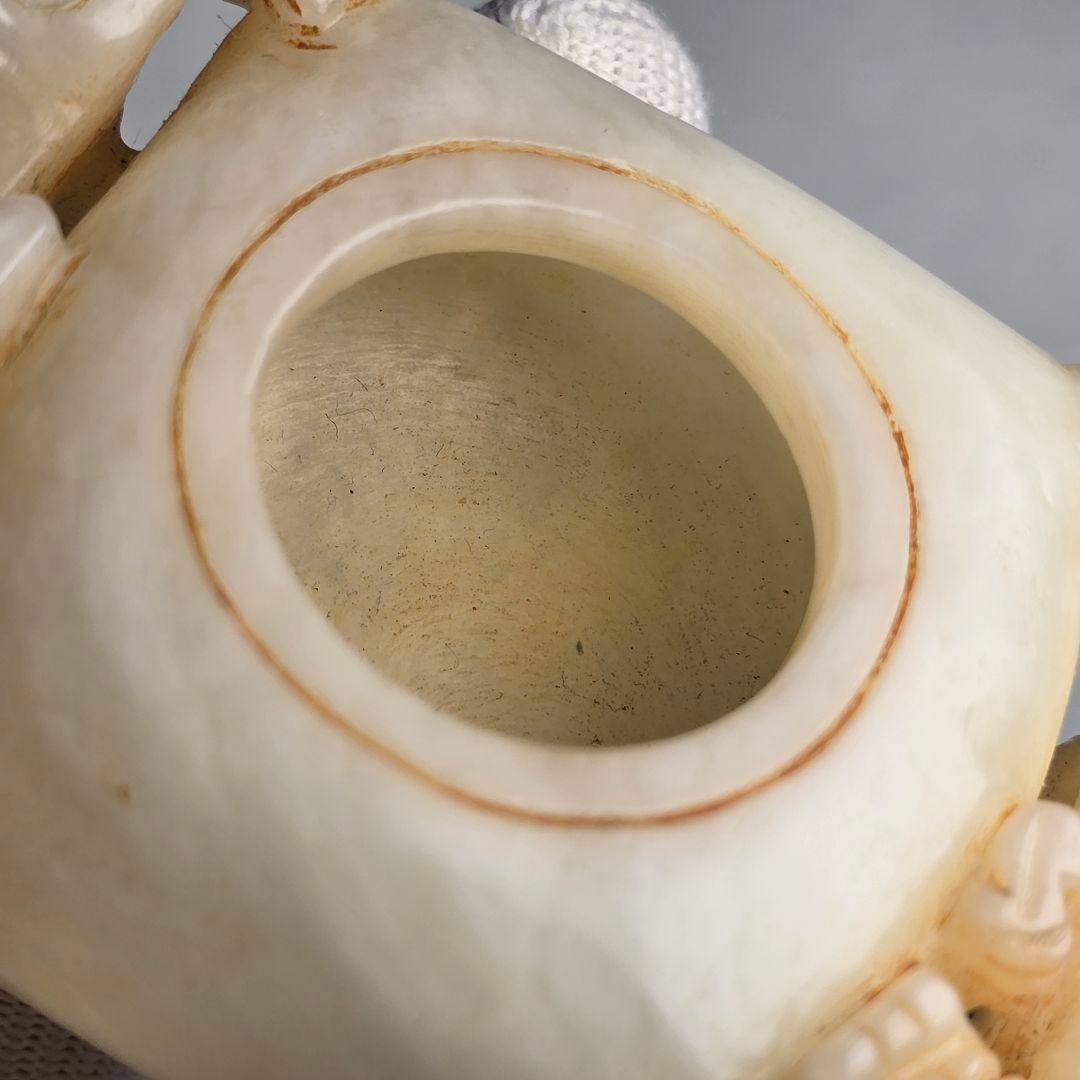 古文房具 本物和田白玉 原石 手彫 清代 双龍出郭 筆洗 筆添 墨池 水鉢 激安