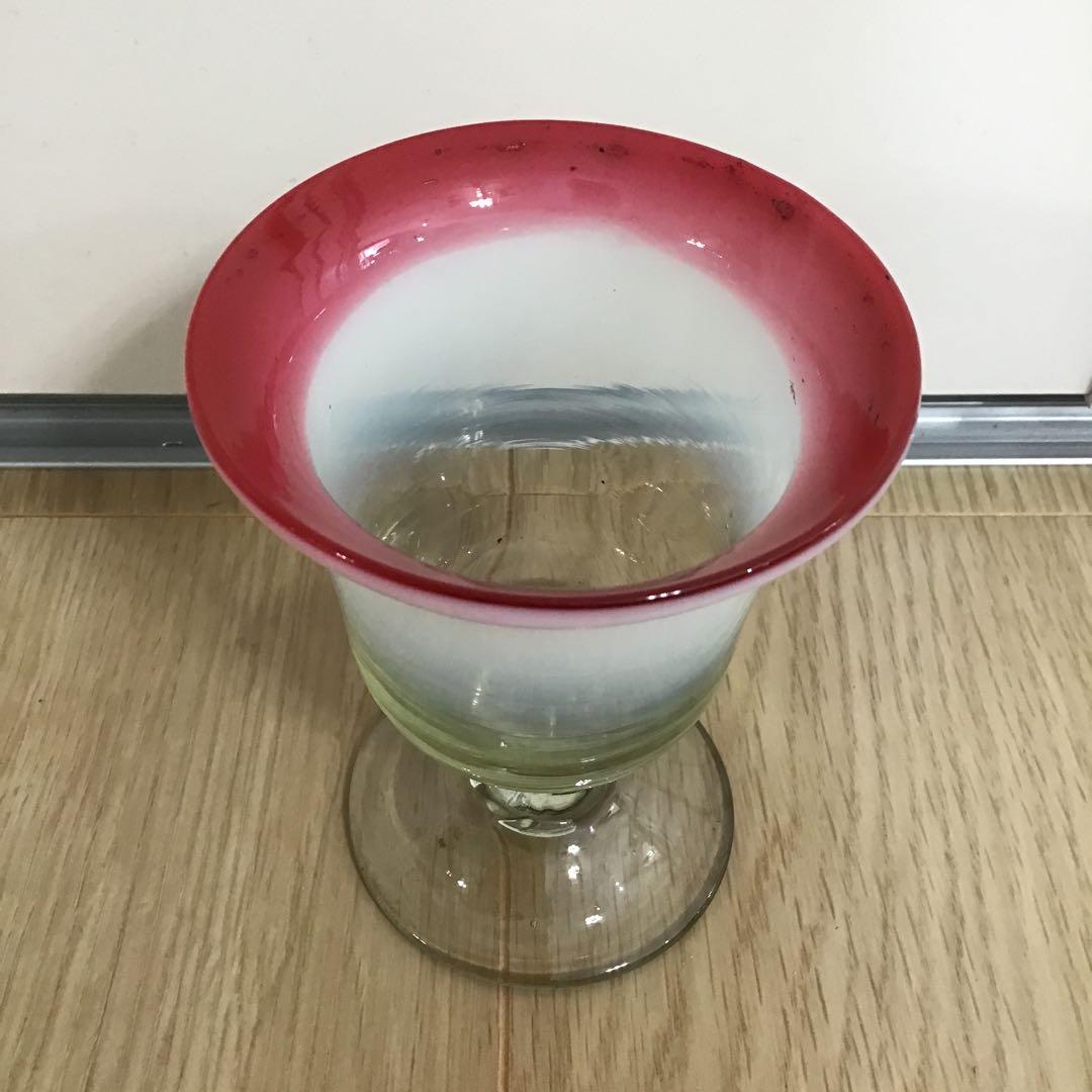 アンティーク　明治〜大正　手吹き　ガラス　厚底　3色氷コップ　赤ふち　氷水