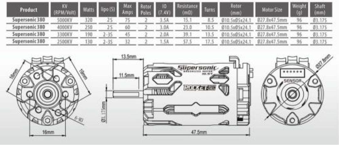 ROCKET-RC380サイズブラシレスモーターSupersonic 13.5T