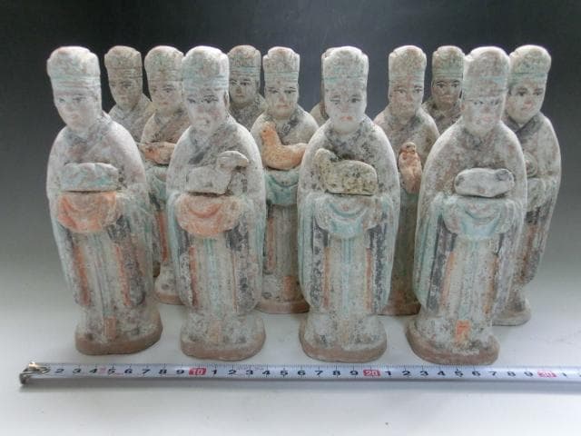 土人形■中国唐三彩置物祭具 12体 古い唐俑 中國 古玩 時代物 骨董 希少■