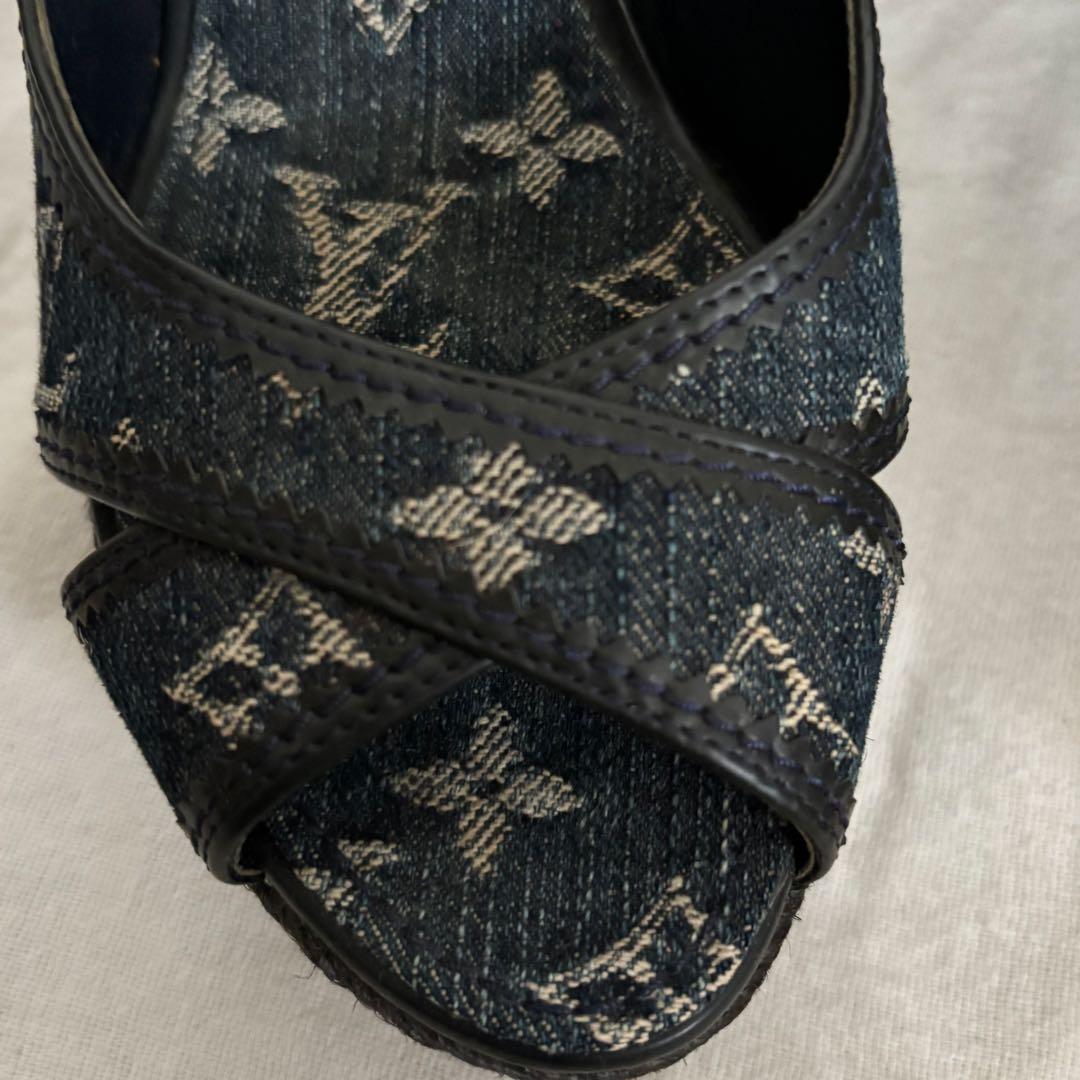 ルイヴィトン モノグラム デニム オープントゥ ウェッジソール サンダル38