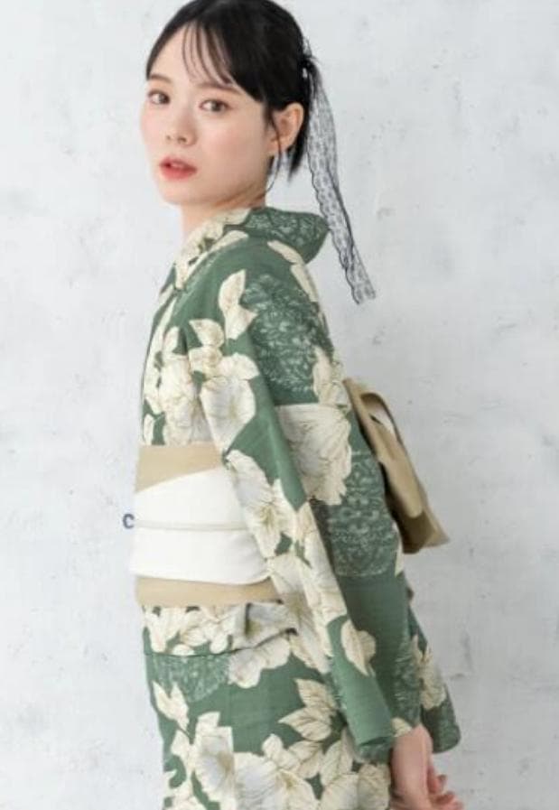 画像の帯つき◆◆ノー皺加工最高級クールパス◆モダン翡翠緑の花古典夏浴衣◆
