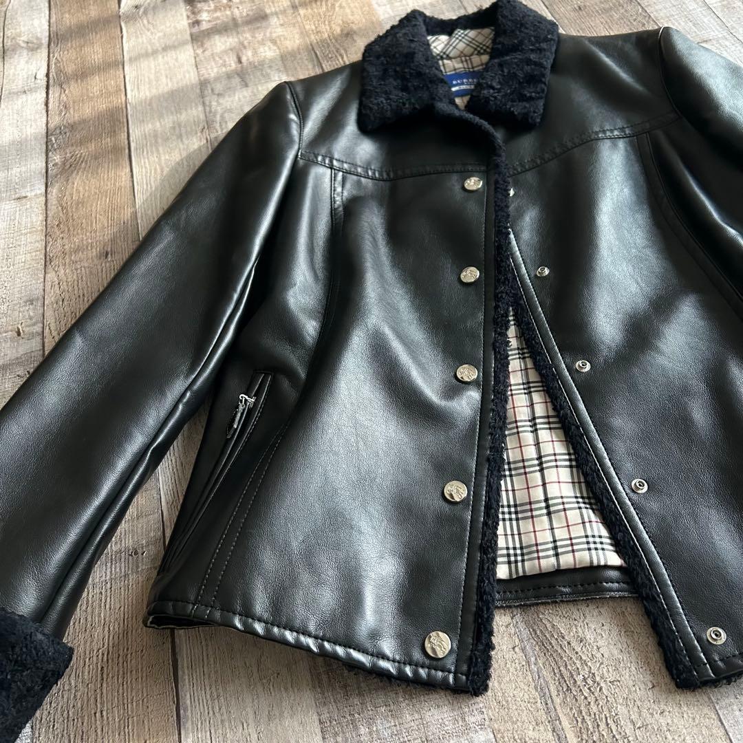 バーバリーブルーレーベル✿ボアジャケット 合成皮革 裏地ノバチェック 38 黒