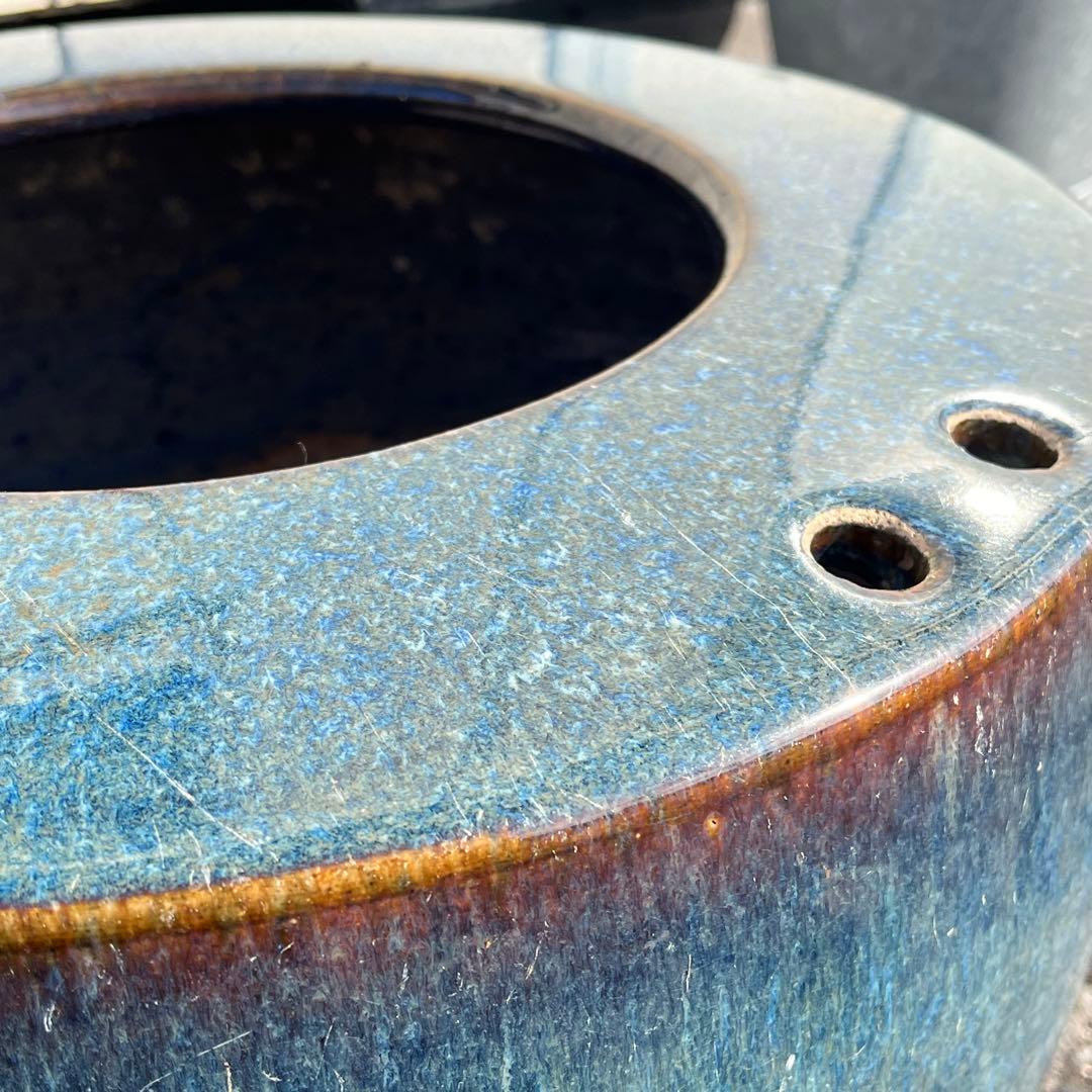 陶器 火鉢 灰かき付き メダカ鉢 金魚鉢 睡蓮鉢 青色 茶色 個性的 レトロ