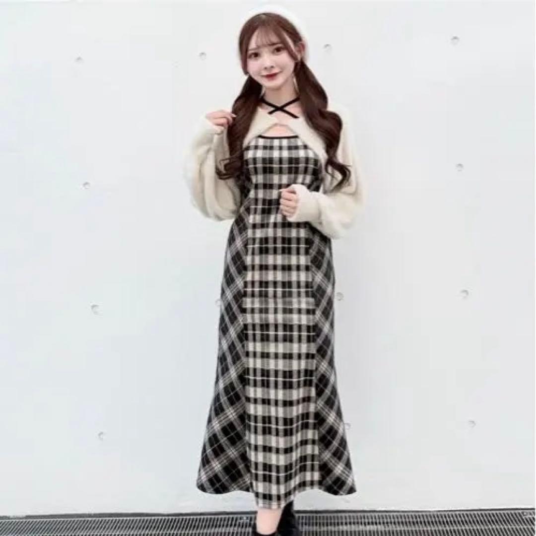 NOMAE シャギーボレロロングチェックワンピース