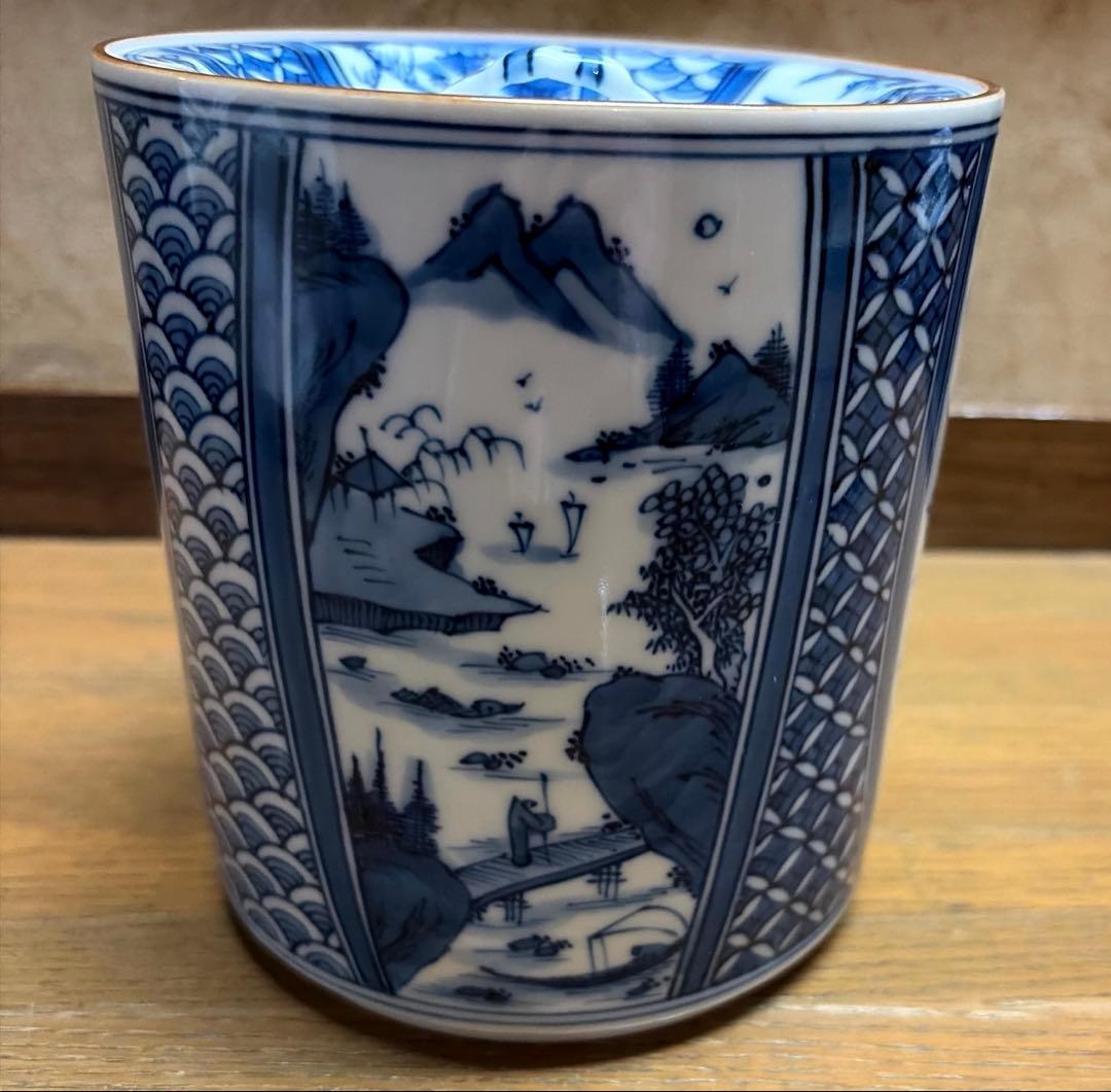 茶道　水指し　染付　山水　菊　竹