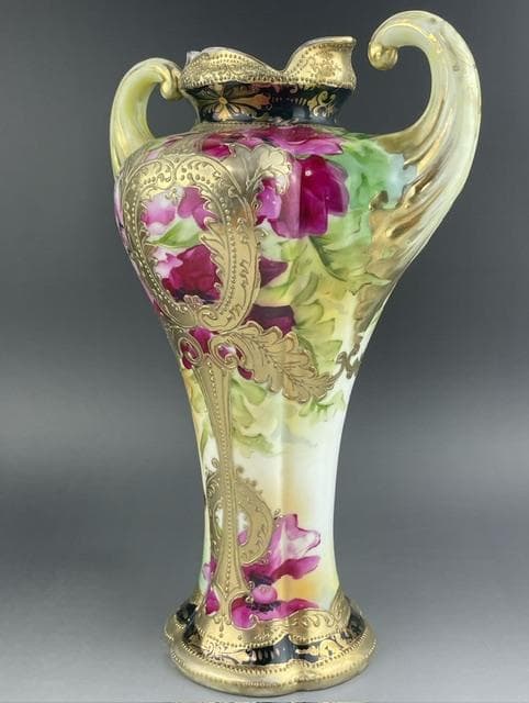 【大型】オールドニッポン 約30㎝ 芥子紋花瓶 アールヌーボー 金盛り ポピー