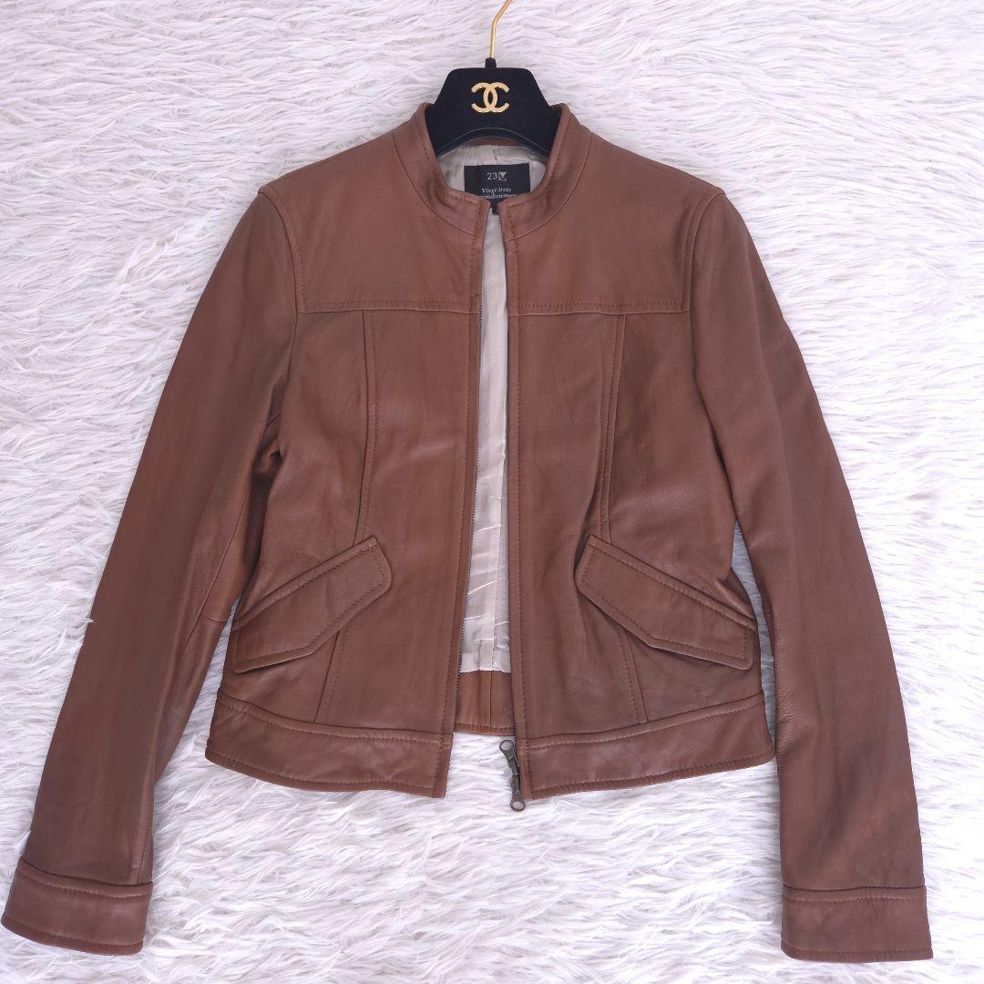 美品 23区 ラムレザー ライダース ノーカラージャケット ブラウン M