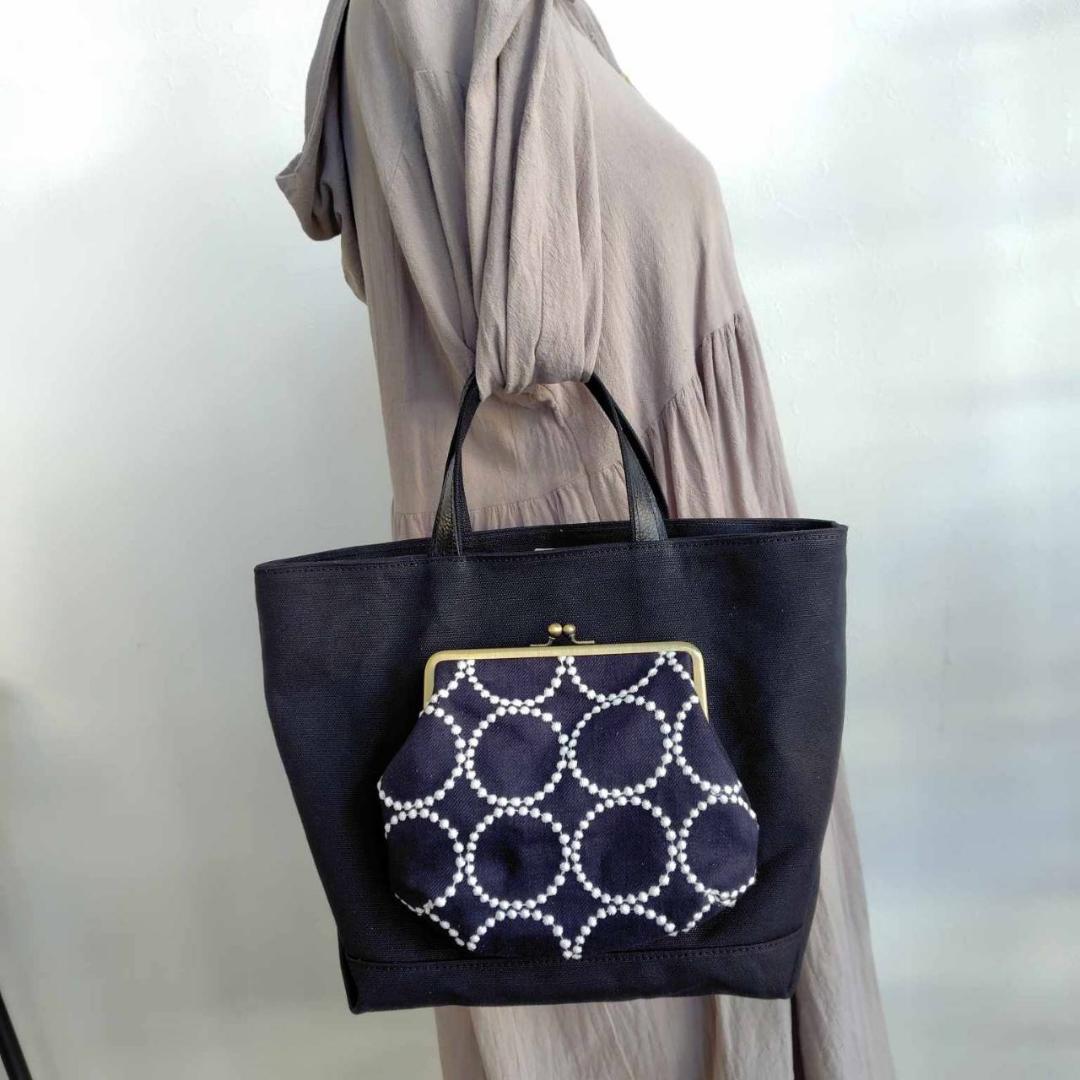 ミナペルホネン /2025タンバリンネイビー×白/がま口ポケット付きMSトート